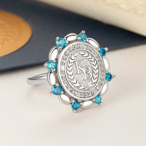Personalized Birthstone Initial Engraved College Signet Ring with Year and School Name High School University Graduation Gift for Graduates