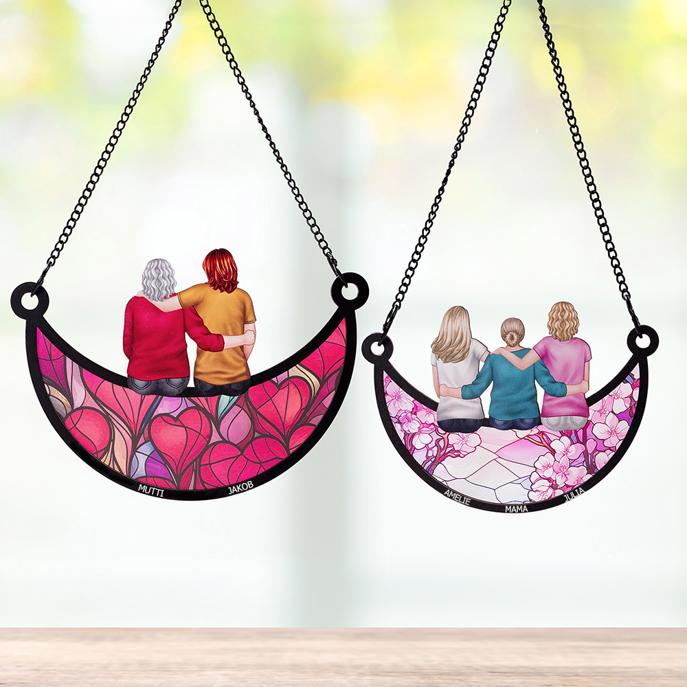 Personalisierter Cartoon Charakter Rückansicht Mond Sonnenfänger mit Namen Fensterdeko Hängende Haus Deko Muttertag Geburtstag Geschenk für Mama Oma