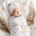 Personlig søt prinsesse slott sommerfugl mykt kaste teppe Swaddle og knutehatt med navn Baby shower bursdagsgave til nyfødte