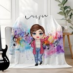 Personalised 1-2 Cartoon Characters Music Score Soft Throw Blanket with Names Home Decor Birthday Gift for Women and Music Lovers