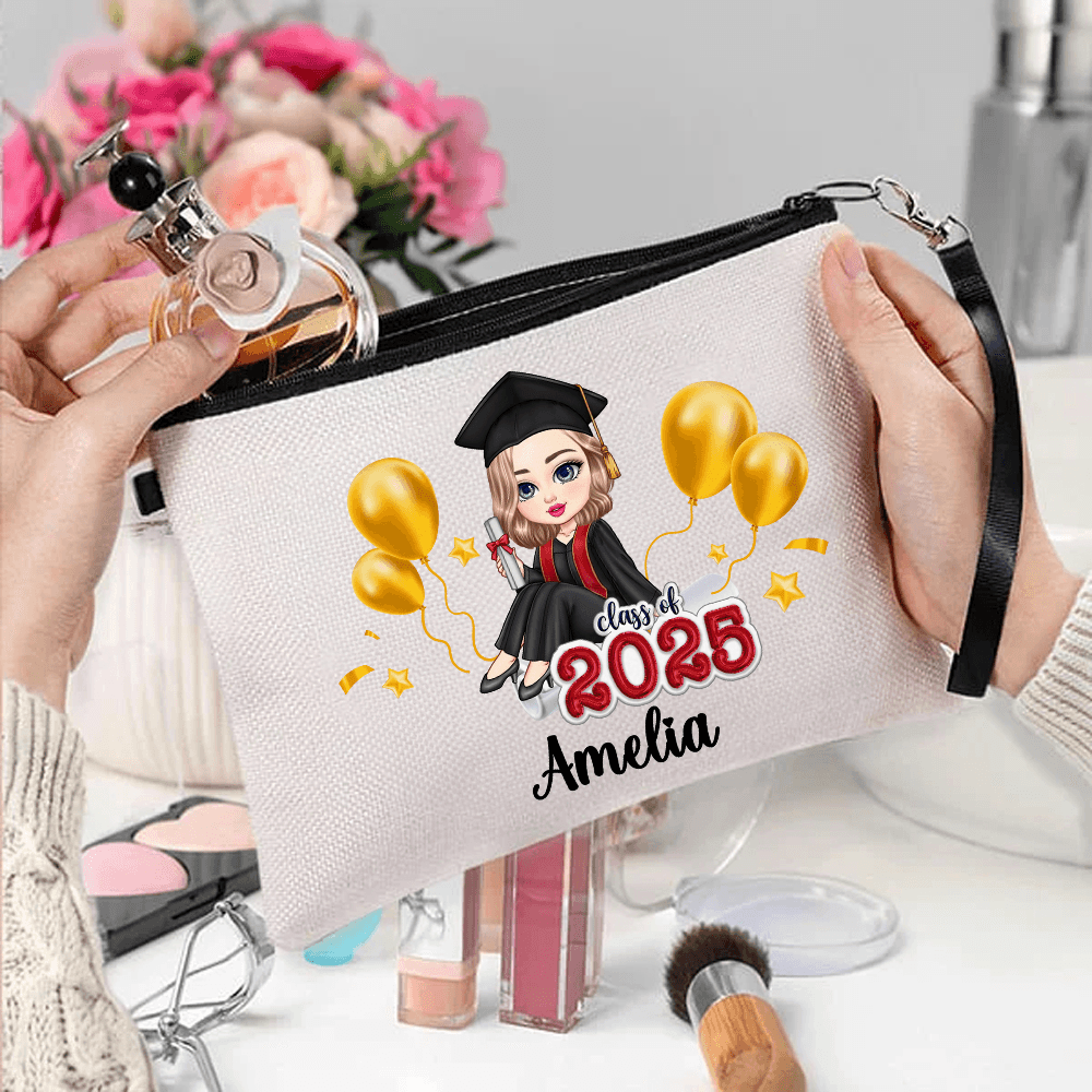 Personalized Graduation Cartoon Character Makeup Bag with Name, Flax Toiletry Zipper Bag with Wrist Strap, Graduation Party Favor for Girls/Her