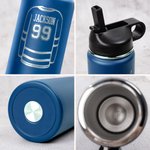 Bottiglia d'acqua isolata con nome e numero incisi al laser Regalo di compleanno per giocatori amanti dell'hockey con design personalizzato della maglia e del bastone da hockey