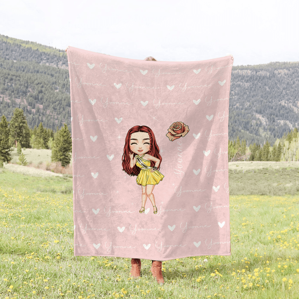 Personalized Prom Queen Cartoon Character Blanket, Custom Name Blanket with Birth Flower, Home Decor, Birthday/Graduation Gift for Girls/Her