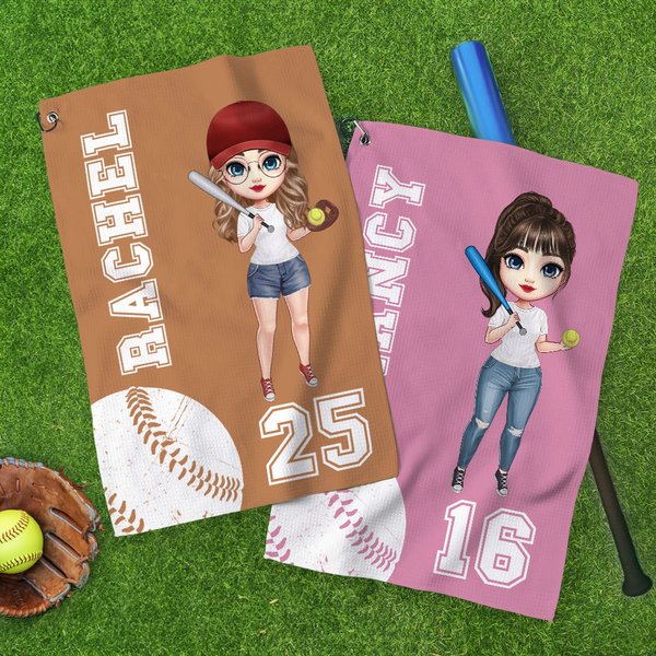 Personalised Softball Baseball Female Cartoon Character Waffle Sports Towel with Name Game Day Birthday Gift for Ball Lovers