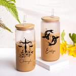 Personalised Zodiac Sign Flower Name 20 oz Can Shaped Glass Cup with Bomboo Lid and Straw Wedding Birthday Gift for Women