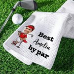 Personalized Funny Cartoon Golf Player Face Photo Absorbent Waffle Sport Towel with Name Title Hanging Clip Workout Birthday Gift for Golf Lover