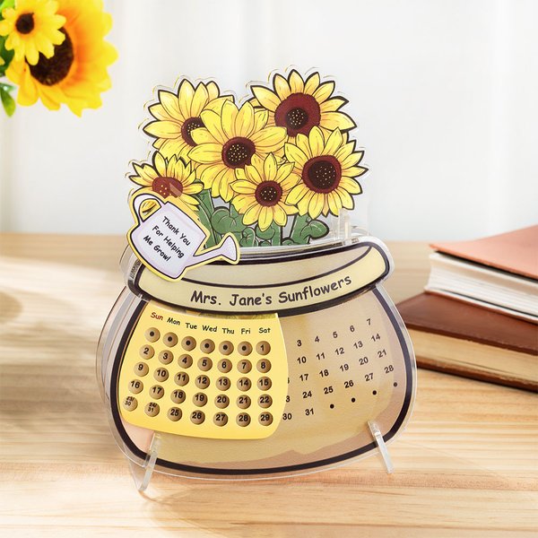Personalized Sunflower Cactus Daffodil Pot Perpetual Calendar Acrylic Ornament with Texts Desktop Decor Teacher's Day Gift for Teachers Educators