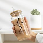 Personalised Zodiac Sign Flower Name 20 oz Can Shaped Glass Cup with Bomboo Lid and Straw Wedding Birthday Gift for Women