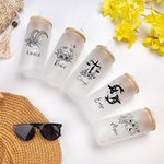 Personalised Zodiac Sign Flower Name 20 oz Can Shaped Glass Cup with Bomboo Lid and Straw Wedding Birthday Gift for Women