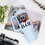 Vaso de 40 oz con nombre y pajita Personalizado Retro Watercolor Flower Camera Accesorios de viaje Regalo de cumpleaños para amantes de la fotografía