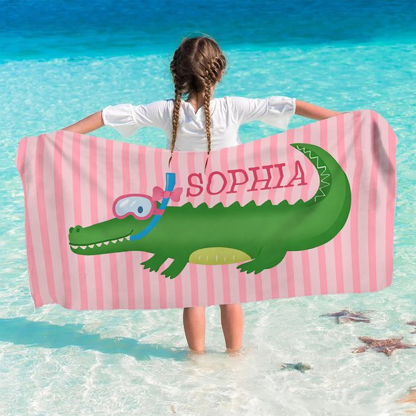Personlig söt dykning alligator randig snabbtorkande överdimensionerad strandhandduk med namn sommarresor väsentlig födelsedagspresent för flickor pojkar