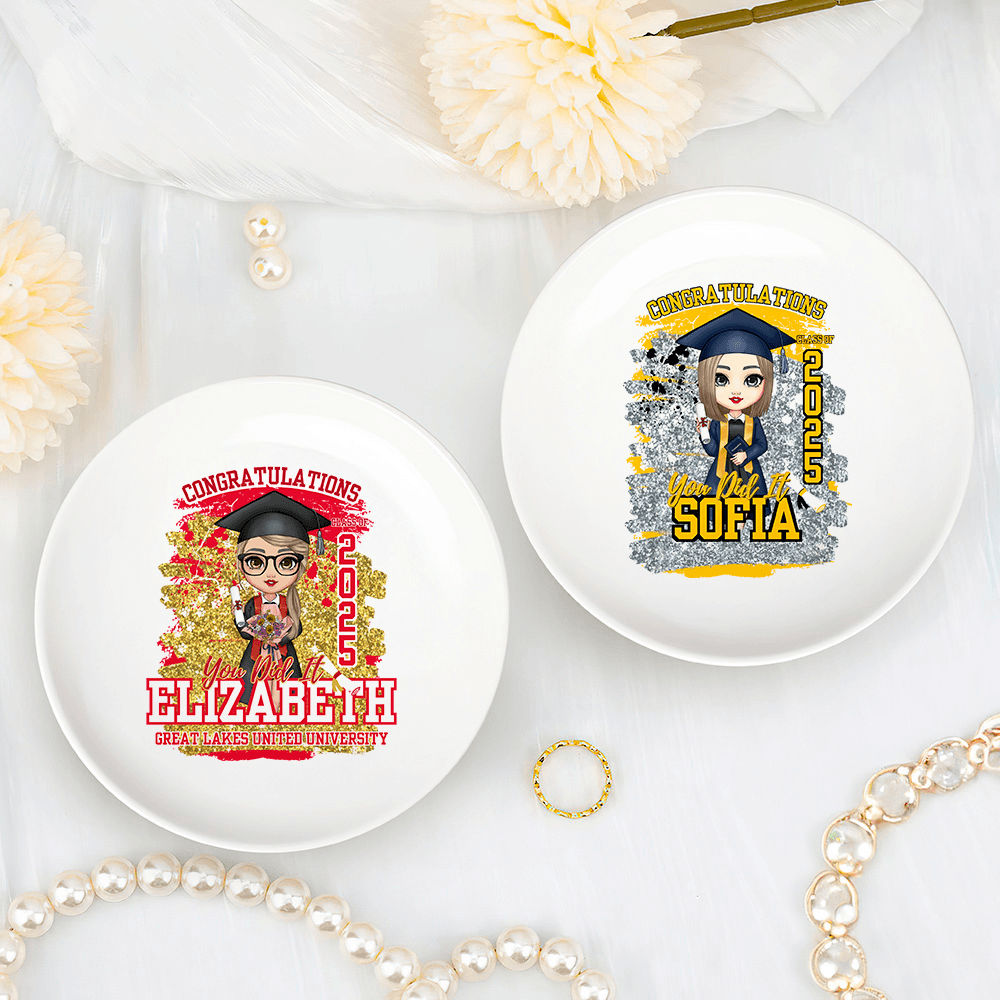 Personalized Name & Cartoon Character Congratulations Graduation Jewelry Dish, Ceramic Ring Dish Trinket Tray, Graduation Gift for Graduates