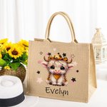 Personalized Cute Highland Cow Large Jute Tote Bag with Name Travel Accessories Birthday Holiday Gift for Women Highland Cow Lovers