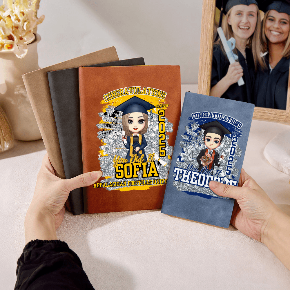 Personalized Name & Cartoon Character Congratulations Graduation Notebook, Multicolor Leather Graduation Journal, Graduation Gift for Graduates