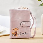 Personalised Floral Highland Cow Leather Tri-folded Wristlet Wallet with Card Holder and Name Birthday Gift for Women Highland Cow Lovers