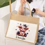 Personalized Cute Highland Cow Large Jute Tote Bag with Name Travel Accessories Birthday Holiday Gift for Women Highland Cow Lovers