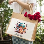 Personalized Cute Highland Cow Large Jute Tote Bag with Name Travel Accessories Birthday Holiday Gift for Women Highland Cow Lovers