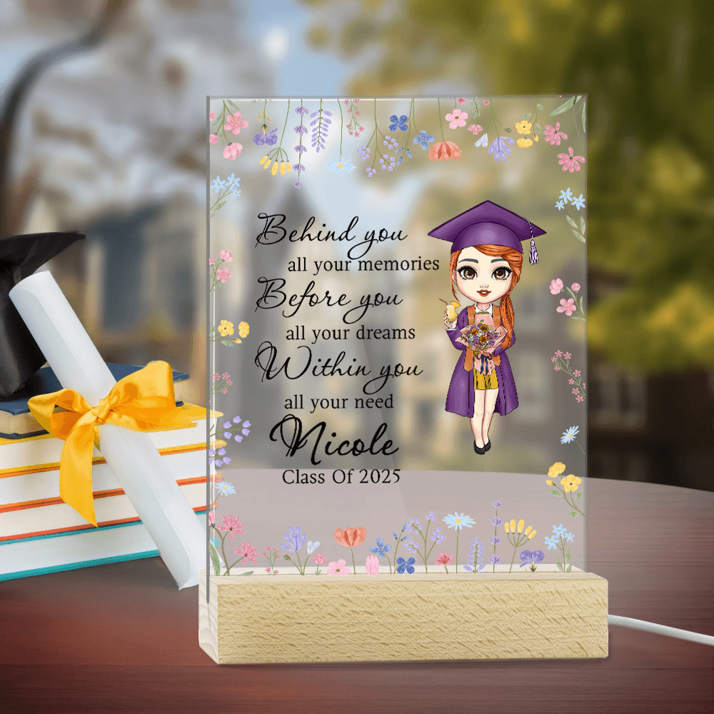 Personalized Name Graduation Cartoon Character Flower Night Light, Acrylic Night Lamp with Wooden Base, Room Decor, Graduation Gift for Girls/Her