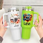 Vaso de 40 oz con nombre y pajita Personalizado Retro Watercolor Flower Camera Accesorios de viaje Regalo de cumpleaños para amantes de la fotografía