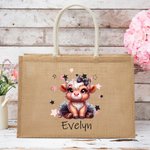 Personalized Cute Highland Cow Large Jute Tote Bag with Name Travel Accessories Birthday Holiday Gift for Women Highland Cow Lovers