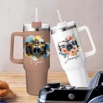 Vaso de 40 oz con nombre y pajita Personalizado Retro Watercolor Flower Camera Accesorios de viaje Regalo de cumpleaños para amantes de la fotografía