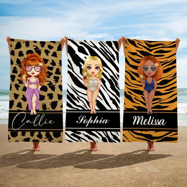 Gepersonaliseerde Nepbont Luipaardprint Cartoon Zachte Snel Drogende Strandlaken met Naam Strand Zwembad Verjaardagscadeau voor Vrouwen