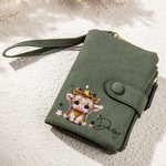 Personalized Cute Highland Cow PU Leather Name Tri-Fold Wallet with Card Holder and Wristlet Strap Birthday Gift for Highland Cow Lovers