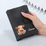 Personalised Floral Highland Cow Leather Tri-folded Wristlet Wallet with Card Holder and Name Birthday Gift for Women Highland Cow Lovers