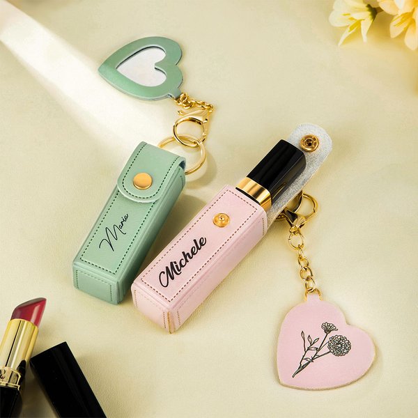 Personlig Line Flower Name Leather Lipstick Case nøkkelring med hjerteformet speil Makeup Essentials Bursdag Bryllupsgave til kvinner