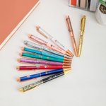 Personalizzato 2 pezzi multi-colore nascita fiore Bling dinamico liquido sabbia penna con nome Apprezzamento regalo di compleanno per studente insegnante