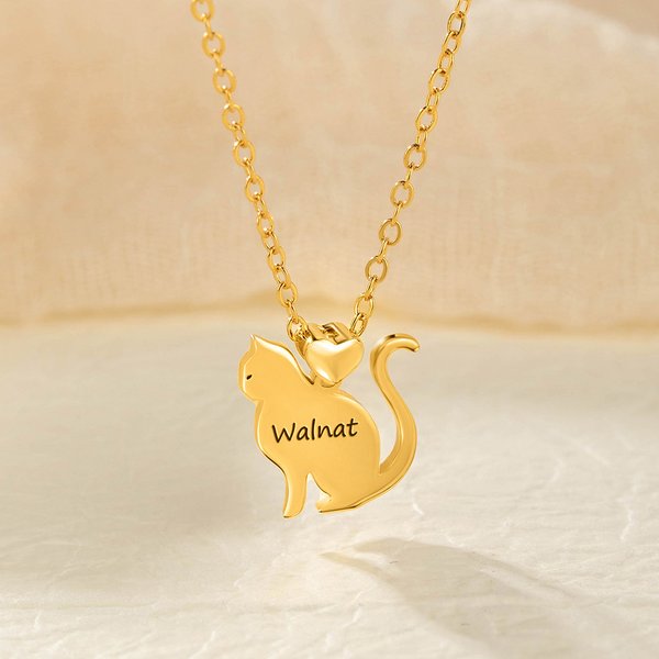 Personalised 3D Love Heart Cat Silhouette Necklace with Engraved Name Dainty Jewellery Birthday Anniversary Gift for Cat Lovers