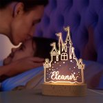 Personlig tecknad prinsessa slott namn akryl LED nattlampa med träbas heminredning födelsedag barndag present till döttrar flickor