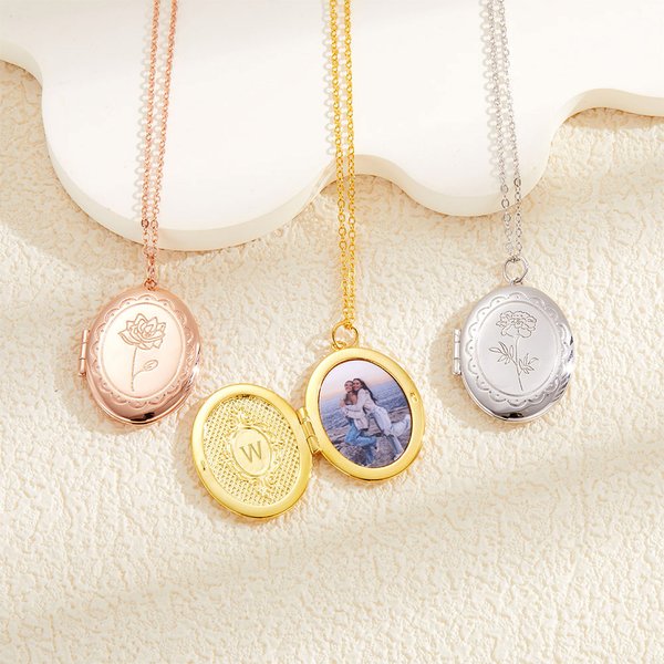Collier Ovale Personnalisé avec Photo Fleur de Naissance et Initiale Gravés Cadeau d'Anniversaire de la Fête des Mères pour les Femmes