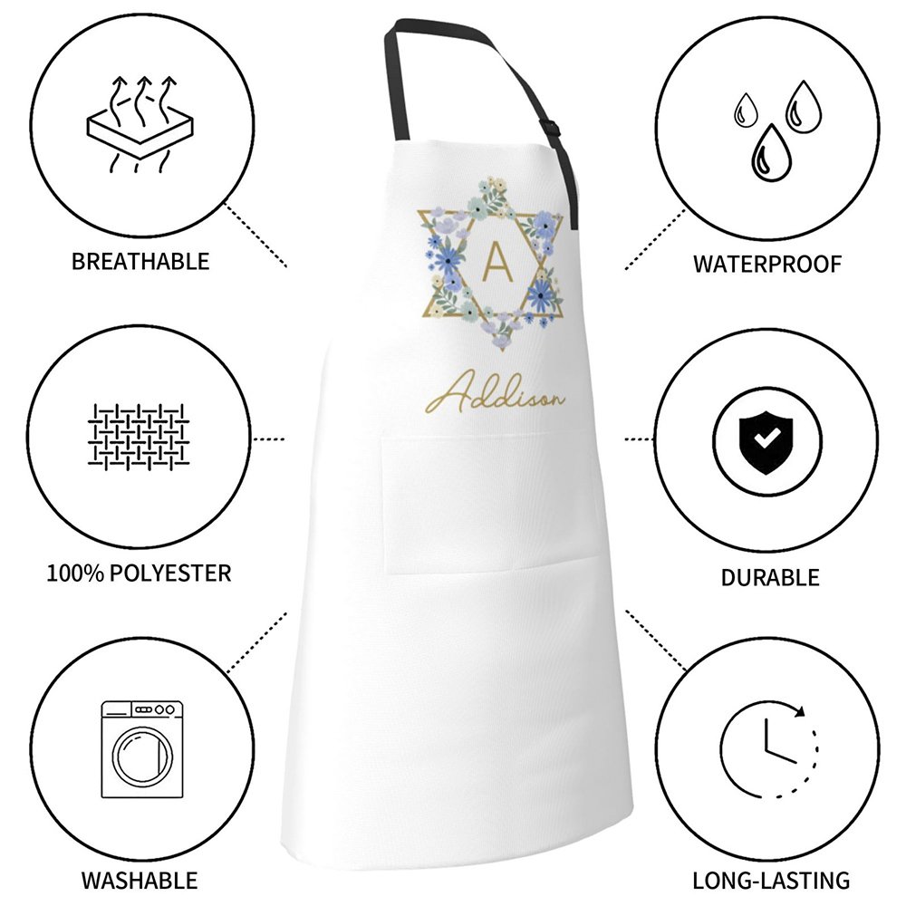 Personalized Floral Jewish Star Waterproof Apron with Name and Front Pockets Housewarming Passover Gift for Jewish Cooking Lover 6