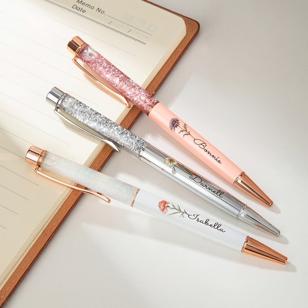 Personifierad 2 st flerfärgad Birth Flower Bling Dynamic Liquid Sand Penna med namn Uppskattning Födelsedagspresent för student Lärare