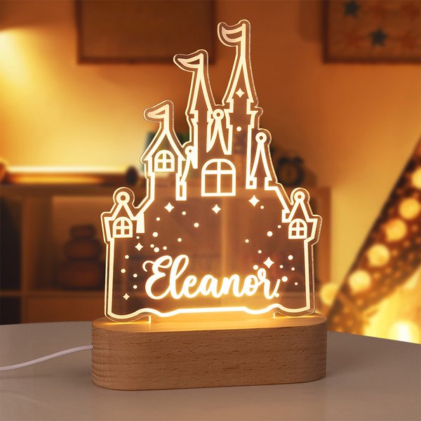 Henkilökohtainen sarjakuva prinsessa linna nimi akryyli LED yövalo puinen pohja Home Decor syntymäpäivä lasten päivä lahja tyttäret tytöt