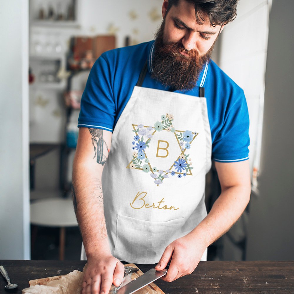 Personalized Floral Jewish Star Waterproof Apron with Name and Front Pockets Housewarming Passover Gift for Jewish Cooking Lover 5