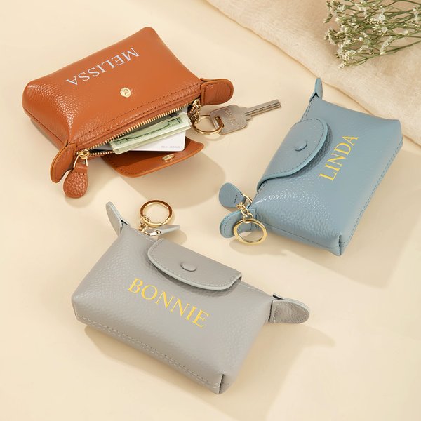 Personalized Mini Portable Leather Coin Wallet Cash Pouch with Text and Key Ring Bridal Shower Birthday Gift for Women