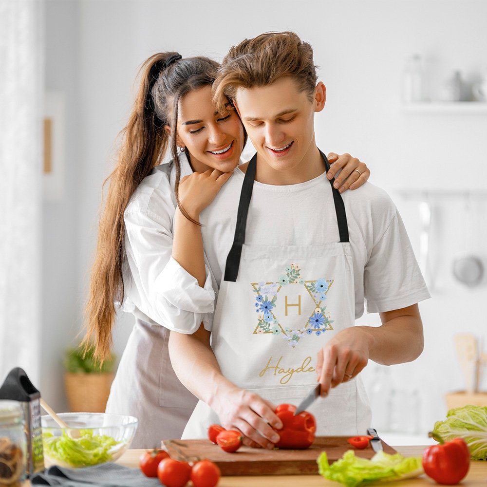 Personalized Floral Jewish Star Waterproof Apron with Name and Front Pockets Housewarming Passover Gift for Jewish Cooking Lover 4