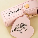 Personlig Line Flower Name Leather Lipstick Case nøkkelring med hjerteformet speil Makeup Essentials Bursdag Bryllupsgave til kvinner