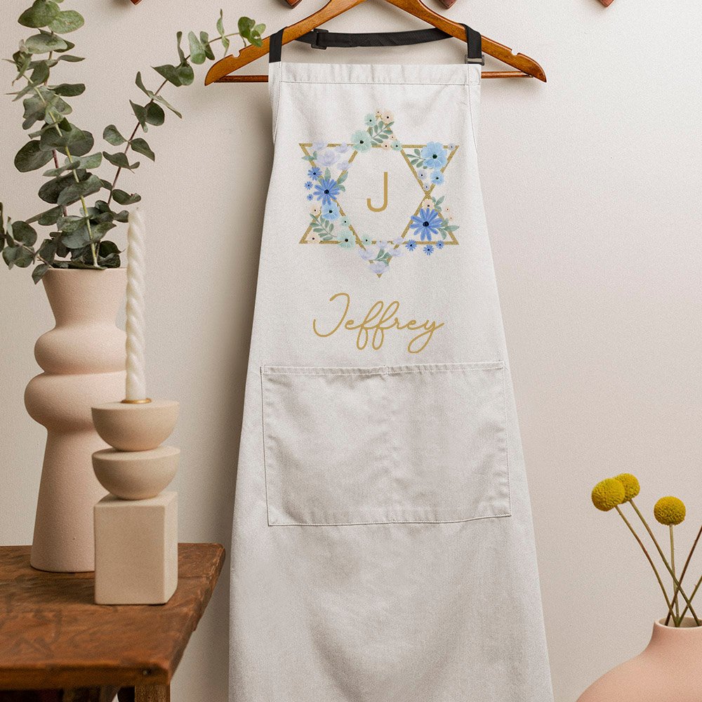 Personalized Floral Jewish Star Waterproof Apron with Name and Front Pockets Housewarming Passover Gift for Jewish Cooking Lover 2