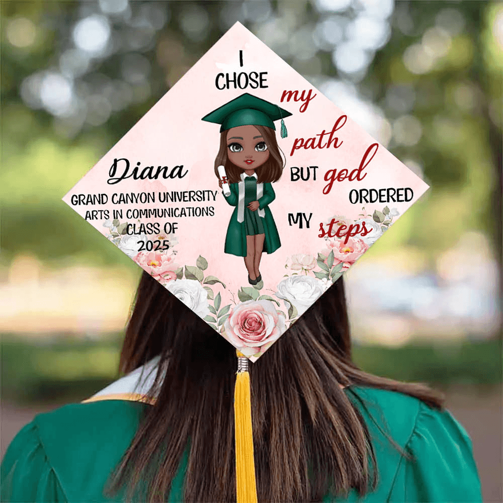 Personalized I Chose My Path but God Ordered My Steps Graduation Cap Topper with Cartoon Clipart, Graduation Gift for Black Queen Christian Women