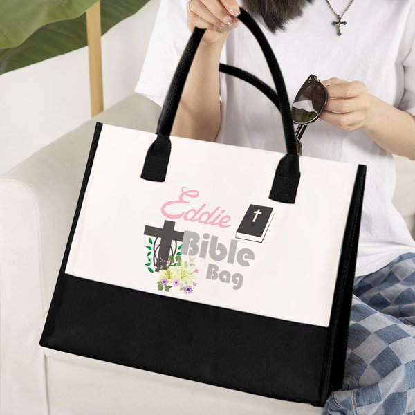 Personalized Floral Cross Bible Large Capacity Canvas Tote Bag with Name Travel Accessories Baptism Birthday Gift for Women Christians