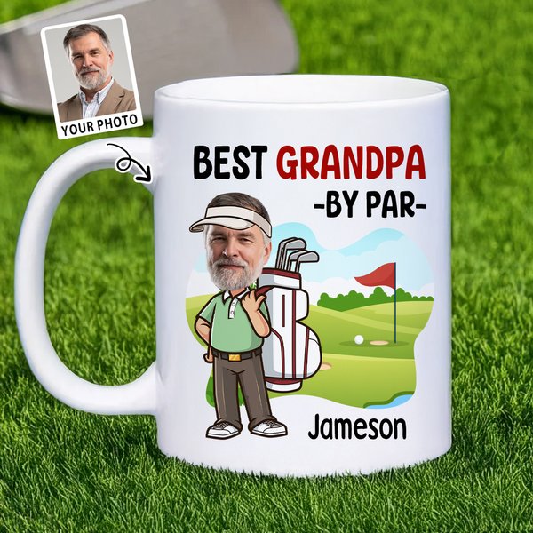 Personalisierte Cartoon Golf Charakter Muster 11 oz Keramik Becher mit Namen und Foto nach Hause Küche Dekor Vatertag Geburtstag Geschenk für Golfliebhaber