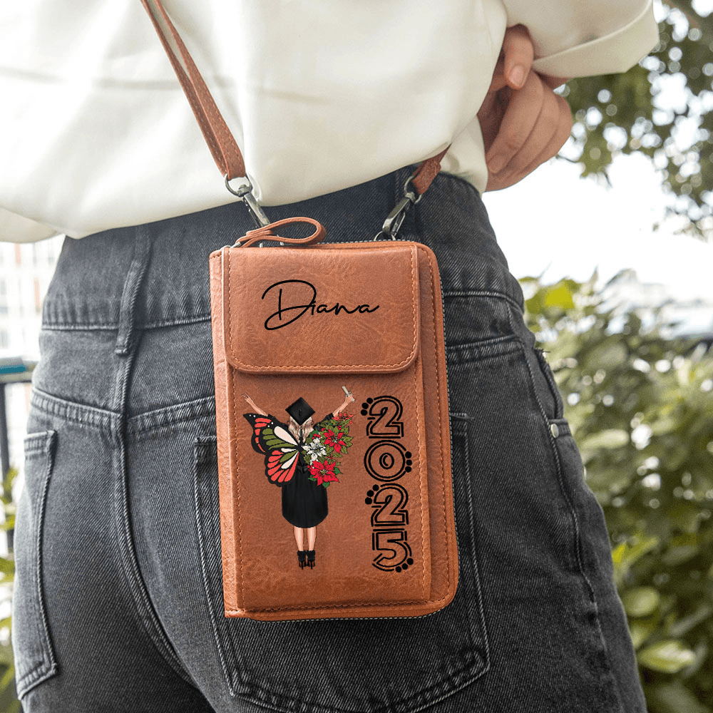 Personalized Name & Graduation Cartoon Character Birth Butterfly Phone Wallet, Retro Leather Crossbody Bag with Adjustable Strap, Gift for Graduates