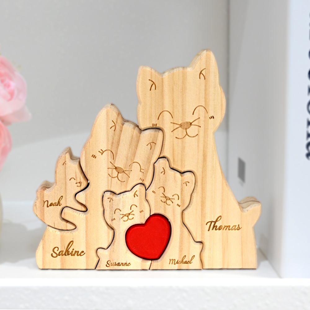 Personalisiertes Katzen-Familie Holzpuzzle mit 2-5 Namen Rotem Herz Schreibtisch Deko Muttertag Geburtstag Jahrestag Geschenk für Familie