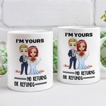 Personalisierte I'm Yours keine Rücksendungen oder Rückerstattungen Cartoon Braut und Bräutigam Keramikbecher mit Namen Hochzeitstag Geschenk für Newlyweds Paare