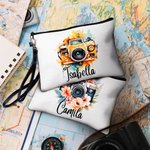 Personalised Watercolour Flowers Retro Camera Name Makeup Bag with Wristband Birthday Gift for Photography Enthusiast Photographer