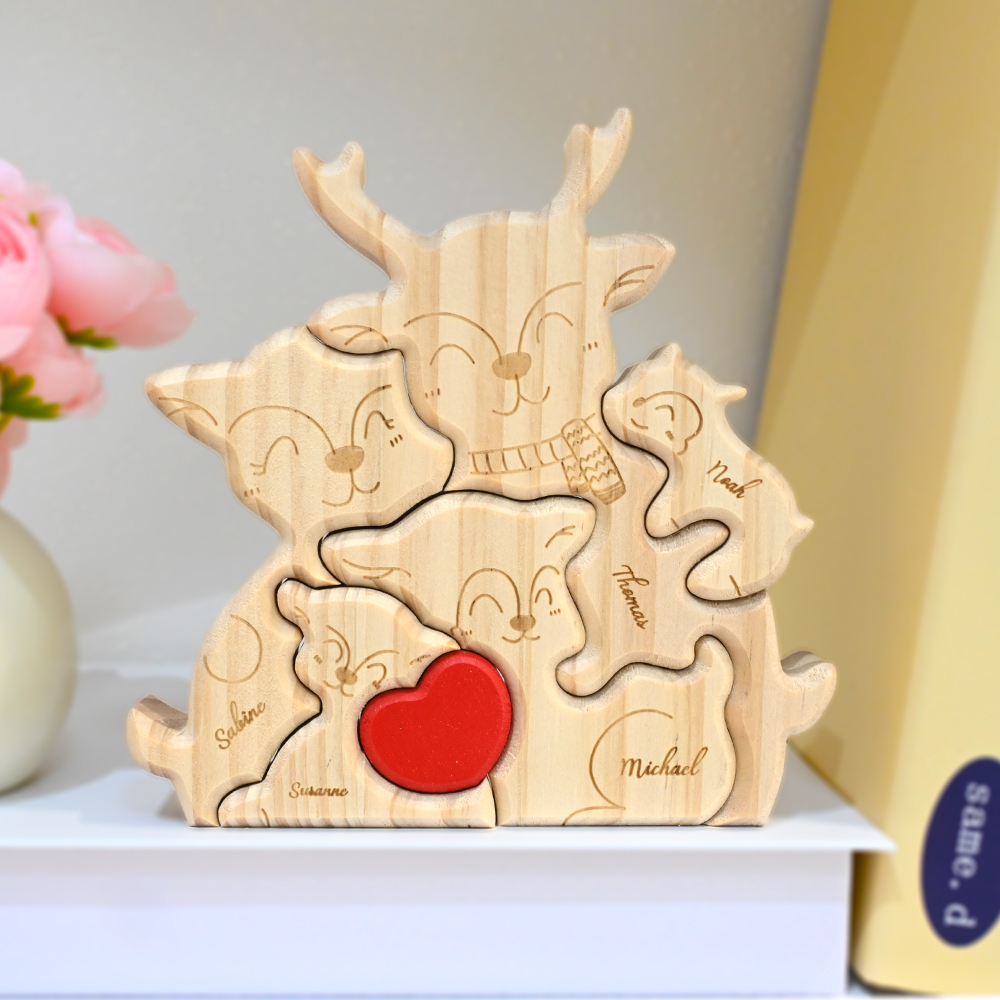 Personalisiertes Niedliches Elch-Familie Holzpuzzle mit 2-5 Namen Rotem Herz Schreibtisch Deko Muttertag Geburtstag Jahrestag Geschenk für Familie