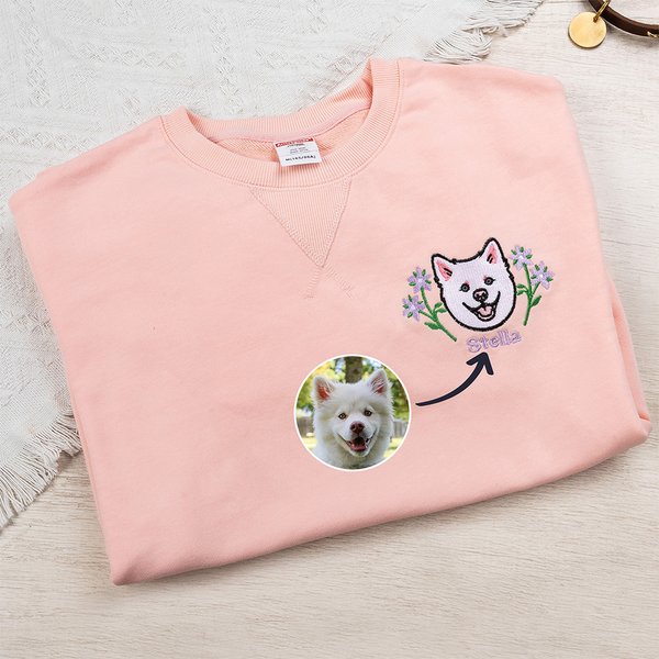 Gepersonaliseerd Geborduurd Bloemen Hond Kat Gezicht Foto Zacht T-shirt Sweatshirt Hoodie met Naam Huisdierfeest Verjaardagscadeau voor Huisdierliefhebbers